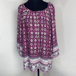NEW Rose & Thyme Blouse‎ Women's 1X Fuchsia Floral Abstract Cottage Peasant